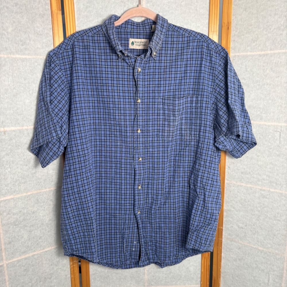 Northwest Territory Mens‎ Blue Plaid Linen Cotton Short Sleeve Button Up Shirt L